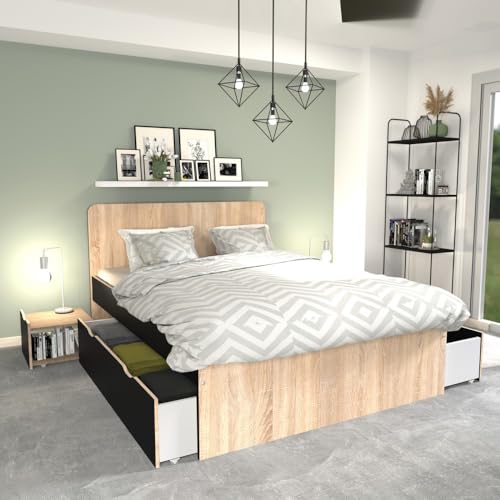 WEBER INDUSTRIES Doppelbett Zenia 140 x 190 cm + 2 Nachttische + 2 Schubladen / Dekor Eiche gebleicht & schwarz WEBER INDUSTRIES Doppelbett Zenia 140 x 190 cm + 2 Nachttische + 2 Schubladen / Dekor Eiche gebleicht & schwarz von WEBER INDUSTRIES