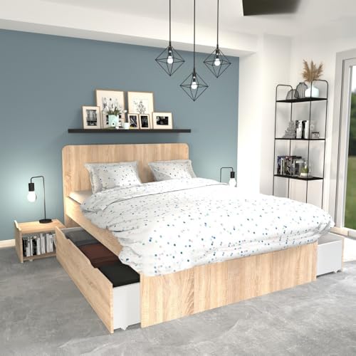 WEBER INDUSTRIES Doppelbett Zenia 140 x 190 cm + 2 Nachttische + 2 Schubladen / Dekor Eiche gebleicht WEBER INDUSTRIES Doppelbett Zenia 140 x 190 cm + 2 Nachttische + 2 Schubladen / Dekor Eiche gebleicht von WEBER INDUSTRIES