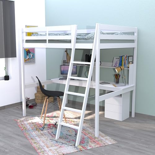 WEBER INDUSTRIES Hochbett Studio 140 x 190 cm + 1 Lattenrost + Box 3 Schubladen + Schreibtisch + Regal/Weiß von WEBER INDUSTRIES