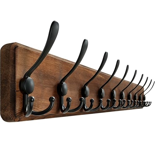 WEBI Garderobenleiste,98cm Lang Garderobenhaken mit 10 Dreifachhaken,Wandgarderobe Holz,Kleiderhaken Wand,Hakenleiste Garderobe,Jackenhalter Wand für Mäntel,Jacken,Rustikal Braun von WEBI