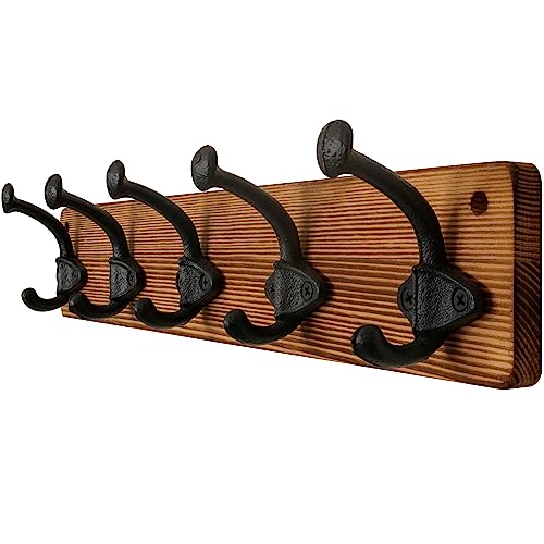 WEBI Garderobenleiste,Wandgarderobe Holz mit 5 Haken Gusseisen,Garderobenhaken Wand Garderobe Hakenleiste,Kleiderhaken Wand für Mäntel,Jacken,Rustikal Braun von WEBI