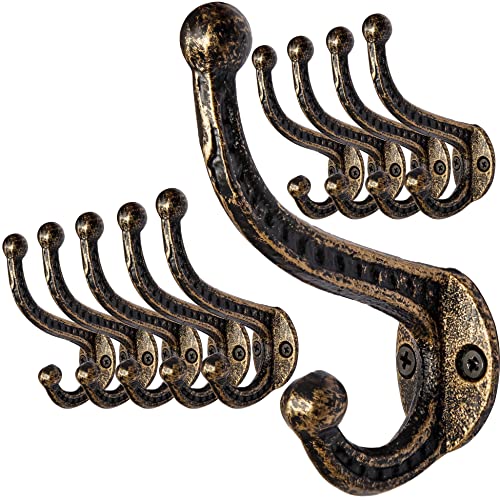 WEBI Kleiderhaken Wand Gusseisen,Garderobenhaken Vintage,Metall Wandhaken Rustikal,Mantelhaken,Huthaken,Doppelhaken für Mantel,Jacken,Hut,Schwarz/Golden,10 Stück von WEBI