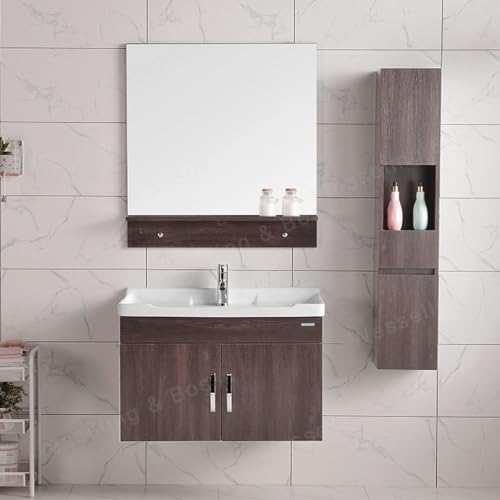 WEBO Badkamermeubel Set Atlanta 60 cm - Bruin - Badmeubel met Spiegel en zijkast - inclusief kraan en afvoer von WEBO