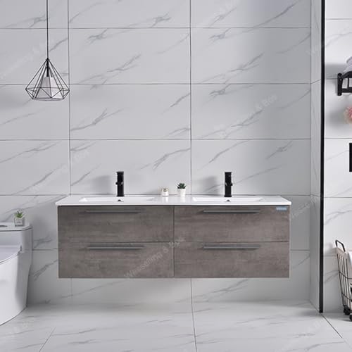 WEBO Badkamermeubel Set London 140cm - Beton - Badmeubel met Wastafel - Inclusief 2 kranen en afvoer von WEBO