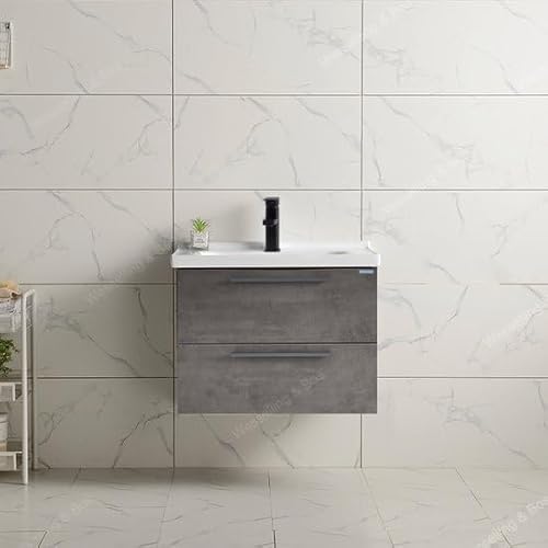 WEBO Badmöbelset London 60 cm - Beton - Badmöbel mit Waschbecken, schwarzem Wasserhahn und Ablauf von WEBO