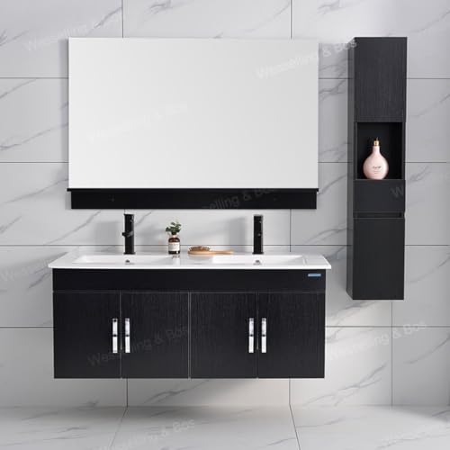 WEBO Bathroom Furniture Set Atlanta 120 cm - Black - Bathroom Furniture with Mirror and Side Cabinet - Including tap and Drain (2 tap Holes) von WEBO