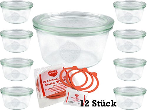 WECK Sturz Glas 290 ml "nieder" 12 Stück Inkl. Glasdeckel Gummis & Klammern Sturzglas Sturzgläser 1/5 nieder von Weck