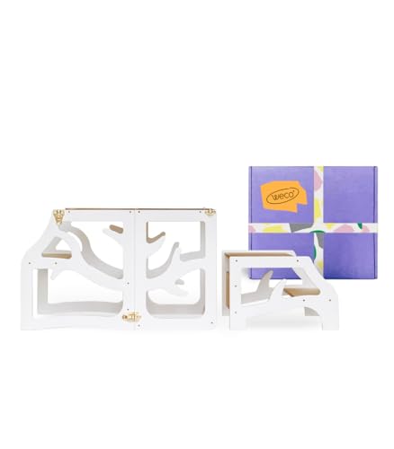 WECO Kinder-Lernturm 3 in 1 mit Tritthocker weißer Schreibtisch Montessori Möbel Küchenhelfer klappbar (Weiß) von WECO