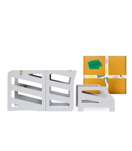 WECO Montessori Kinder Lernturm 3 in 1 Streifen Design mit Rutsche und Tritthocker FSC Zertifikat Schreibtisch Montessori Möbel Küchenhelfer klappbar Stylisch Lernturm (Grau) von WECO