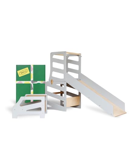WECO Montessori Kinder Lernturm 3 in 1 Streifen Design mit Rutsche und Tritthocker FSC Zertifikat Schreibtisch Montessori Möbel Küchenhelfer klappbar Stylisch Lernturm (Grau) von WECO