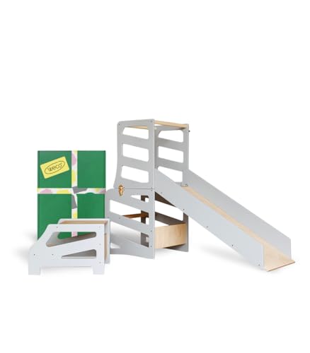 WECO Montessori Kinder Lernturm 3 in 1 Streifen Design mit Rutsche und Tritthocker FSC Zertifikat Schreibtisch Montessori Möbel Küchenhelfer klappbar Stylisch Kippschutz Lernturm… (Grau) von WECO