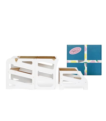 WECO Montessori Kinder Lernturm 3 in 1 Streifen Design mit Tritthocker FSC Zertifikat Schreibtisch Montessori Möbel Küchenhelfer klappbar Stylisch Lernturm (Weiß) von WECO