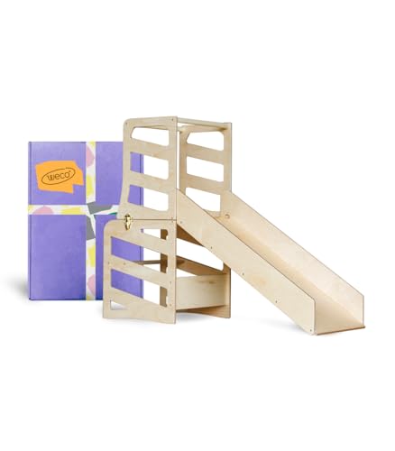 Weco Kinder-Lernturm 3 in 1 Streifendesign mit Rutsche Schreibtisch Rutsche Montessori Möbel Küchenhelfer klappbar von WECO