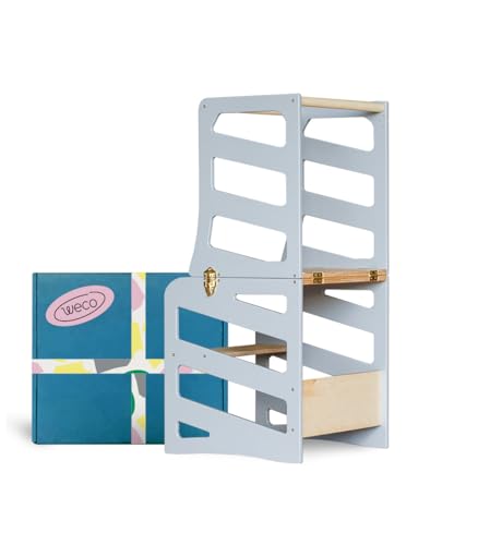 Kinder Lernturm 2 in 1 weißer Tritthocker Learning Tower Schreibtisch Montessori Möbel Küchenhelfer faltbar von WECO