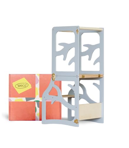 Weco Montessori Kinder Lernturm 2 in 1 Baum Design Tritthocker FSC Zertifikat Schreibtisch Montessori Möbel Küchenhelfer klappbar Stylisch Lernturm (Grau) von WECO