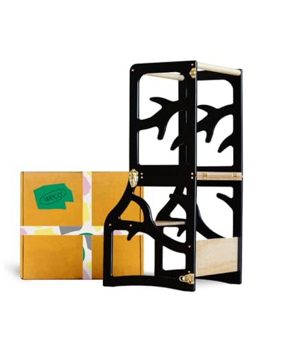 Weco Montessori Kinder Lernturm 2 in 1 Baum Design Tritthocker FSC Zertifikat Schreibtisch Montessori Möbel Küchenhelfer klappbar Stylisch Kippschutz Lernturm (Schwarz) von WECO