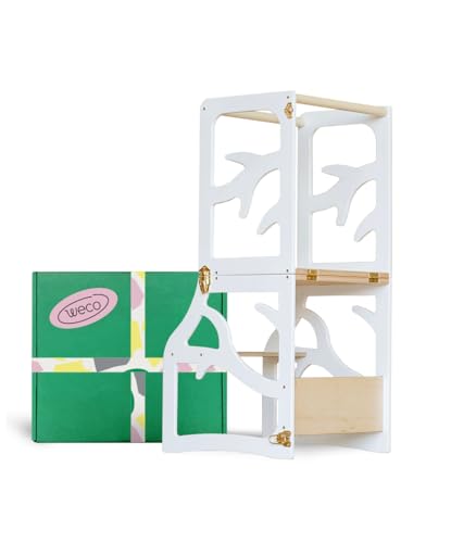 Weco Montessori Kinder Lernturm 2 in 1 Baum Design Tritthocker FSC Zertifikat Schreibtisch Montessori Möbel Küchenhelfer klappbar Stylisch Lernturm (Weiß) von WECO