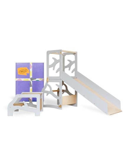 Weco Montessori Kinder Lernturm 3 in 1 Baum Design mit Rutsche und Tritthocker FSC Zertifikat Schreibtisch Montessori Möbel Küchenhelfer klappbar Stylisch Kippschutz Lernturm (Grau) von WECO