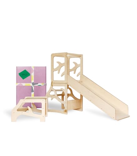 Weco Montessori Kinder Lernturm 3 in 1 Baum Design mit Rutsche und Tritthocker FSC Zertifikat Schreibtisch Montessori Möbel Küchenhelfer klappbar Stylisch Lernturm (Klarlack) von WECO