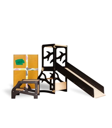 Weco Montessori Kinder Lernturm 3 in 1 Baum Design mit Rutsche und Tritthocker FSC Zertifikat Schreibtisch Montessori Möbel Küchenhelfer klappbar Stylisch Lernturm (Schwarz) von WECO