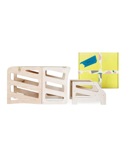 Weco Montessori Kinder Lernturm 3 in 1 Streifen Design mit Rutsche und Tritthocker FSC Zertifikat Schreibtisch Montessori Möbel Küchenhelfer klappbar Stylisch Kippschutz Lernturm (Klarlack) von WECO