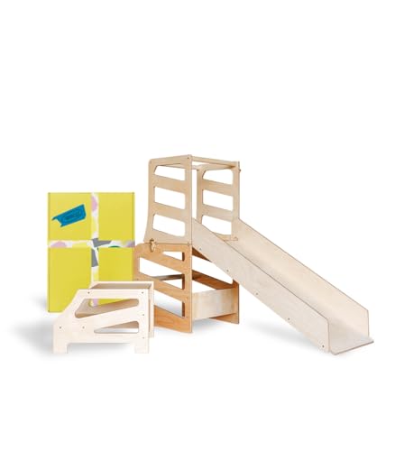 Weco Montessori Kinder Lernturm 3 in 1 Streifen Design mit Rutsche und Tritthocker FSC Zertifikat Schreibtisch Montessori Möbel Küchenhelfer klappbar Stylisch Lernturm (Klarlack) von WECO