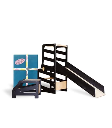 Weco Montessori Kinder Lernturm 3 in 1 Streifen Design mit Rutsche und Tritthocker FSC Zertifikat Schreibtisch Montessori Möbel Küchenhelfer klappbar Stylisch Lernturm (Schwarz) von WECO