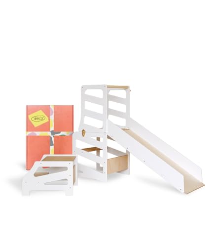 Weco Montessori Kinder Lernturm 3 in 1 Streifen Design mit Rutsche und Tritthocker FSC Zertifikat Schreibtisch Montessori Möbel Küchenhelfer klappbar Stylisch Lernturm (Weiß) von WECO