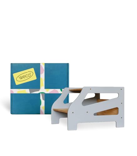 Weco Tritthocker mit 2 Stufen Streifendesign Holzhocker für Kinder Kindertreppchen Schemel Kindermöbel für Bad Küche Kinderzimmer ab 2 Jahre Toilettenhocker Hocker Holz Kinderzimmer Möbel (Grau) von WECO
