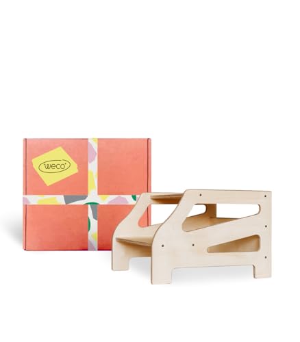 Weco Tritthocker mit 2 Stufen Streifendesign Holzhocker für Kinder Kindertreppchen Schemel Kindermöbel für Bad Küche Kinderzimmer ab 2 Jahre Toilettenhocker Hocker Holz Kinderzimmer Möbel (Klarlack) von WECO