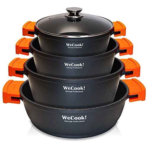 WECOOK! EcoChef Titan Kochtopf Set für Induktionsküche, 8-teilig, Aluminiumguss, 4 Töpfe, Antihaftbeschichtung QuanTanium + Stein ohne PFOA, Set Töpfe Glasdeckel, Silikongriffe, Glaskeramik, Gas von WECOOK!