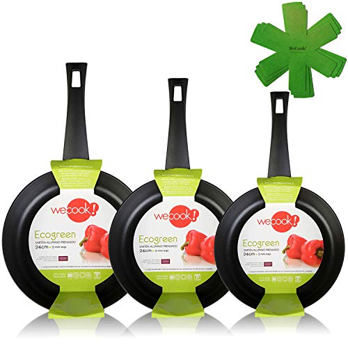 WECOOK Ecogreen Set mit 3 Pfannen 18-20-24 cm Aluminium, Induktion, umweltfreundliche Antihaftbeschichtung ohne PFOA, spülmaschinengeeignet, geeignet für alle Herdarten, Ceranfelder, Gas, Schwarz von WECOOK