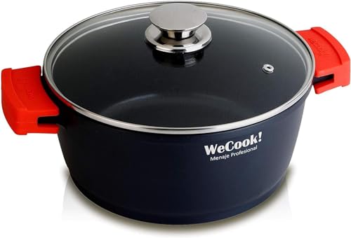 WECOOK! Ecostone Hoher Kochtopf 24 cm Induktion mit Glasdeckel, Antihaftbeschichtung XTRA DUPONT Ökologisch PFOA-frei, Aluminiumguss, 5mm Dick, Silikongriffe, Vitrokeramik, Gas, Backofen von WECOOK!