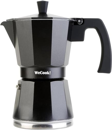 WECOOK! Luccia Espressomaschine Induktion, Espressokocher, Italienischen Kaffee, Moka-Kanne Kaffeebereiter Aluminium, 1-3 Tassen, Sockel aus Edelstahl, Sicherheitsventil, Vitrokeramik, Gas, Schwarz von WECOOK!