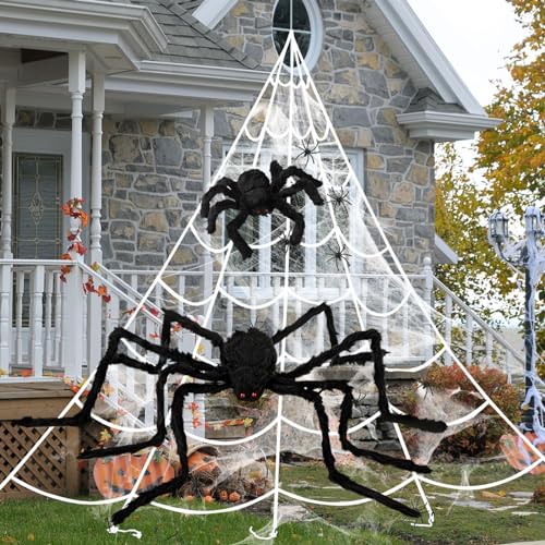Halloween Deko Outdoor Spinne Groß Set: 150cm+30cm Riesenspinne+500cm Dreieckiges Riesen Spinnennetz+80g Elastizität Spinnennetzen+20 Mini Spinne für Horror Garten Dekorations Partys (Kombination 1) von WECUTE