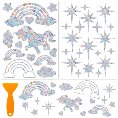 WEDAMOO 33 Stück Prisma Fensteraufkleber, Sternenlicht/Pferden/Regenbogen Fenstersticker, Sonnenfänger Sticker, Fensteraufkleber Vogelschutz, Regenbogen Fenster Sticker Folie Gegen Vogelschlag von WEDAMOO
