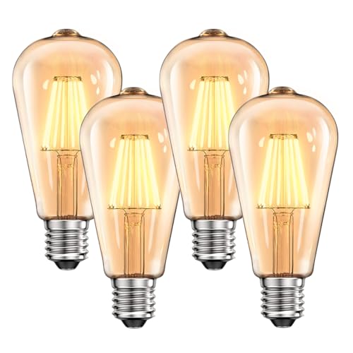 WEDNA E27 LED Vintage Glühbirne, 8W Dimmbar ST64 LED Lampe, Retro Antike Birne, 2700K Warmweiß, 900lm, Bernstein Glas, Dekorative Edison Leuchtmittel und Retro Beleuchtung - 4er Pack von WEDNA