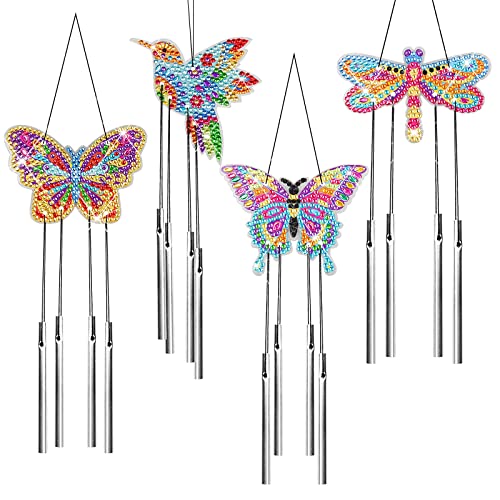 WEDNOK 4 Stück Diamant-Malerei Windspiel DIY Schmetterling Diamant Malerei Sonnenfänger Kinder 5D Bastelset mit doppelseitigem Strass für Fenster, Haus, Libelle, Kolibri) von WEDNOK