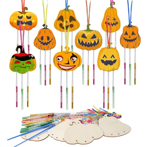 WEDNOK 9 Stück Kürbis Windspiel Bastelset Halloween Basteln Kinder Holz Bastelhandwerk zum Bemalen Pumpkin Holzbastelset Klangspiel Kreativsets für Mädchen Junge Halloween von WEDNOK