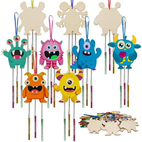 WEDNOK 9 Stück Monster Windspiel Bastelset Halloween Basteln Kinder Holz Bastelhandwerk zum Bemalen Monster Holzbastelset Klangspiel Kreativsets für Mädchen Junge Halloweenszeit von WEDNOK