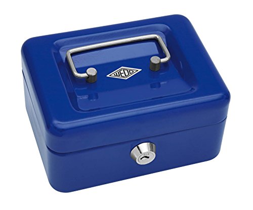 Wedo 145103X Geldkassette (aus pulverbeschichtetem Stahl, versenkbarer Griff, 4-Fächer-Münzeinsatz, Sicherheits-Zylinderschloss, 15,2 x 11,5 x 8,0 cm) blau von WEDO