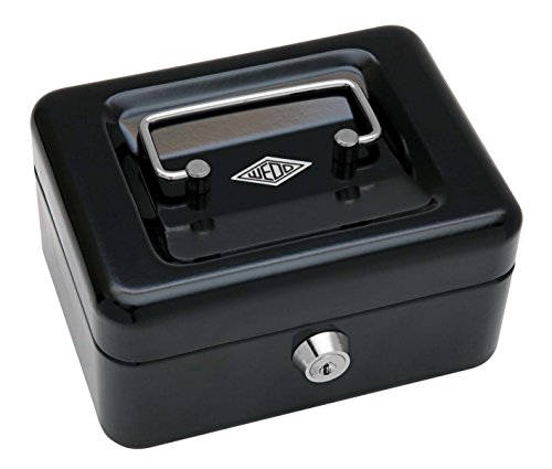 Wedo 145121X Geldkassette (aus pulverbeschichtetem Stahl, versenkbarer Griff, 4 -Fächer-Münzeinsatz, Sicherheits-Zylinderschloss, 15,2 x 11,5 x 8,0 cm) schwarz von WEDO