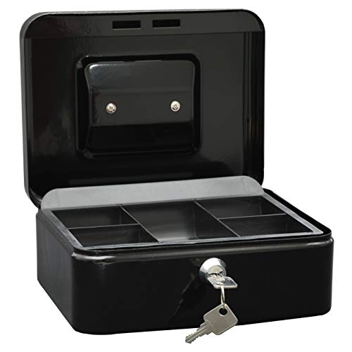 Wedo 145221X Geldkassette (aus pulverbeschichtetem Stahl, versenkbarer Griff, 5-Fächer-Münzeinsatz, Sicherheits-Zylinderschloss, 20 x 16 x 9 cm) schwarz von WEDO