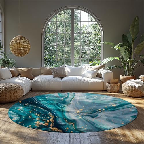 Abstrakt Blaugrün Gold Marmor Runde Fläche Teppich Schlafzimmer rutschfest Maschine waschbar Weich niedrig Flor Schlafsaal Teppich Nachttisch Kinderzimmer Wohnkultur 120cm von WEECHAINGE