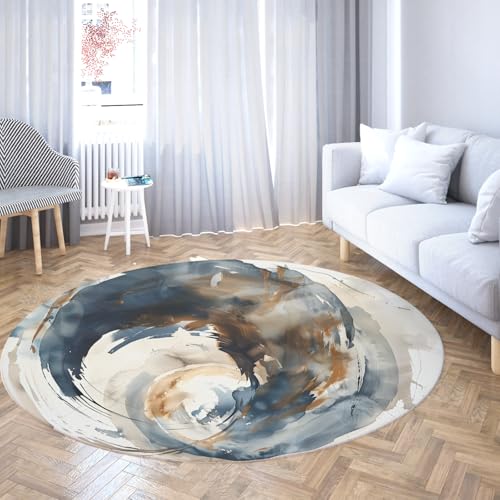 Abstrakte Aquarell Wirbel Runde Wohnzimmerteppiche rutschfest Maschinenwaschbar Nicht Verschütten Blau Grau Beige Waschküche Teppich für Couchtisch 180cm von WEECHAINGE