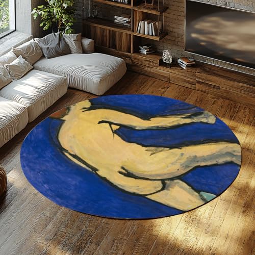 Abstrakte Figur auf blauem rundem neutralen Teppich 90cm maschinenwaschbar rutschfeste dünne Faltbare kreisförmige Schlafzimmerteppiche weich innen für Wohnzimmer Studio Büro von WEECHAINGE