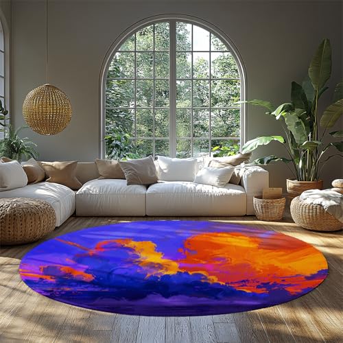 Abstrakte Wolke Sonnenuntergang Runde Esszimmer Teppich Fett Orange Lila Blau Bunt Kreis Großer Teppich Waschbar Moderne Kunst für Couchtisch 60cm von WEECHAINGE