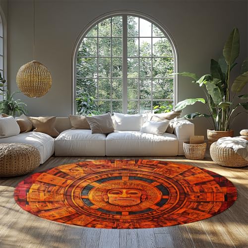 Abstrakte runde Wohnzimmerteppiche Große dünne waschbare weiche Kreis Schlafbereich Teppich Aztec Kalender Mandala Bedruckt rot/orange Indoor Circular Wohnteppich für Büro Esszimmer unter 150cm von WEECHAINGE