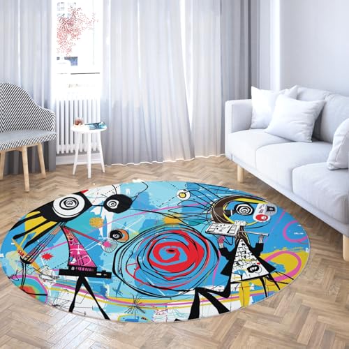 Abstrakter Graffiti Runder Kinderzimmerteppich Bunter moderner Kunstdruck waschbarer Kreisteppich Zeitgenössisch für Schlafzimmer Wohnzimmer Hinterhof Foyer 120cm von WEECHAINGE