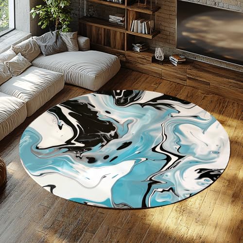 Abstrakter Marmor Swirl Round Area Teppich Moderner Blauer schwarzer und weißer waschbarer Rutschfester Teppich für Schlafzimmer Büro Spielzimmer weiche Haustürmatte 100cm von WEECHAINGE